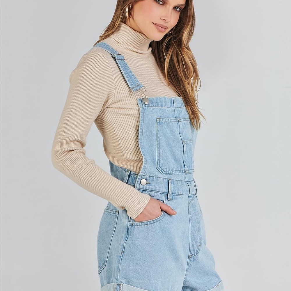 Anrabess Light Blue Denim short loose fit adjustable Overalls NWT - Picture 3 of 9